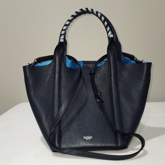 BOKTIER NAVY BLUE LEATHER BUCKET BAG WITH CROSSBODY DETATCHABLE STRAP